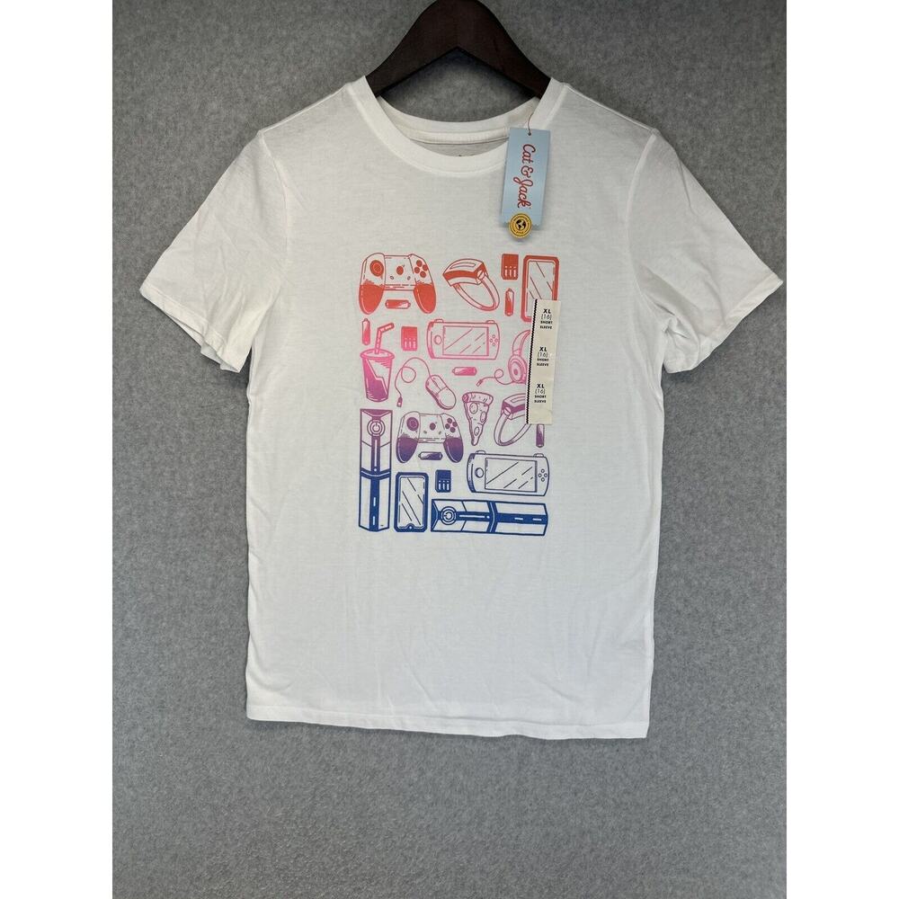 Cat & Jack Boys T-Shirt Neon Gaming Icons Graphic Short Sleeve White Size XL 16